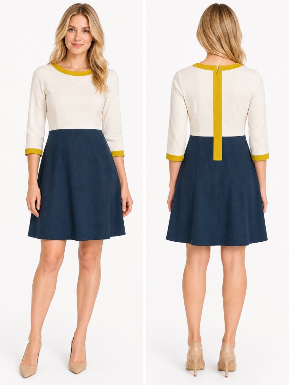 Boden Colorblock 3/4 Sleeve A-Line Dress Women Navy Cream Yellow Size 6 Chic Mod